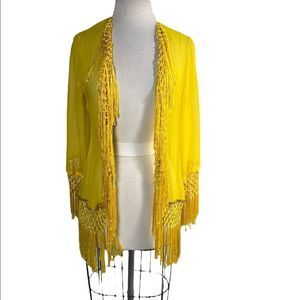 Boston Proper XS silky yellow jacket with fringe and beads